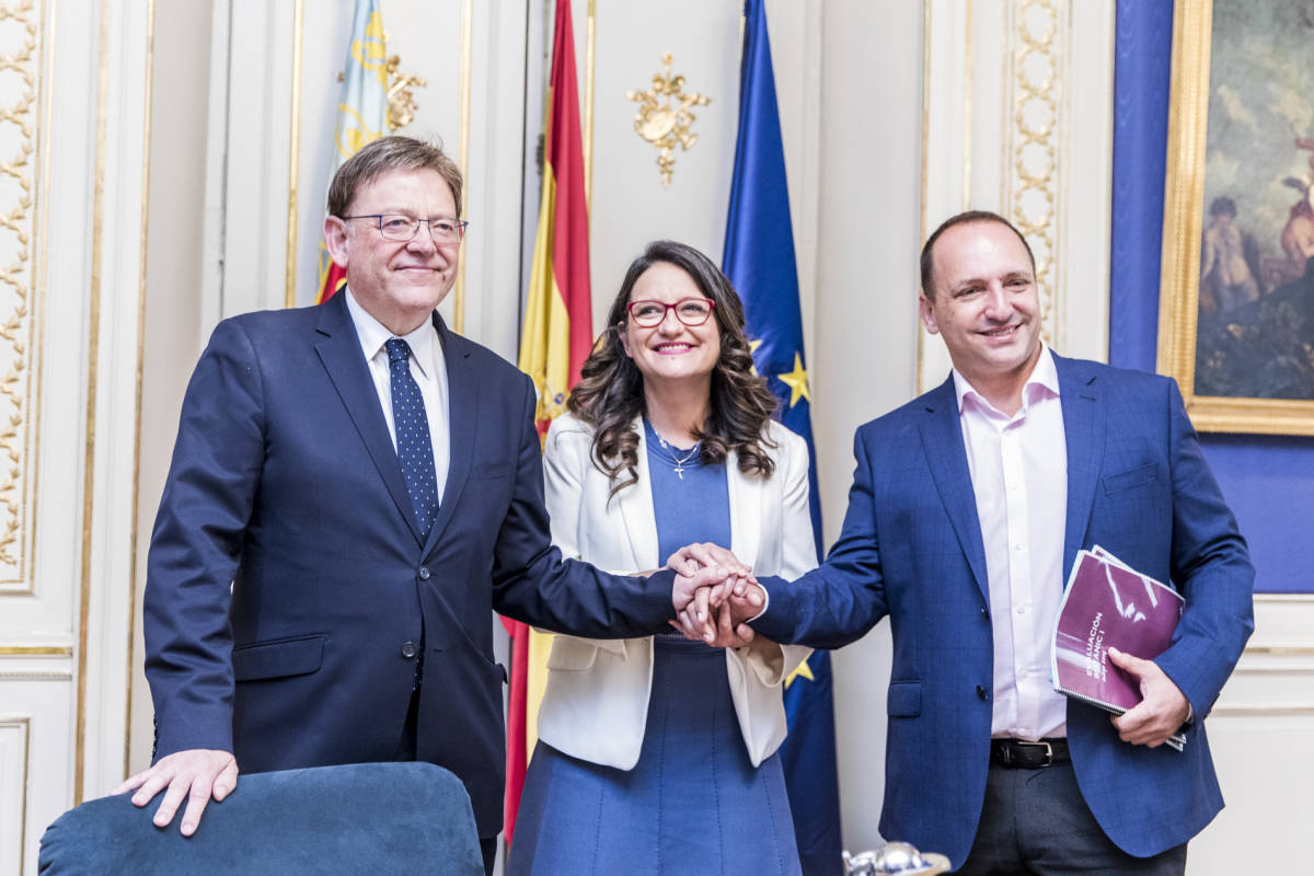 Puig (PSPV-PSOE), Oltra (Compromís) y Martínez Dalmau (Unides Podem) en la reunión de este martes. Foto: EVA MÁÑEZ