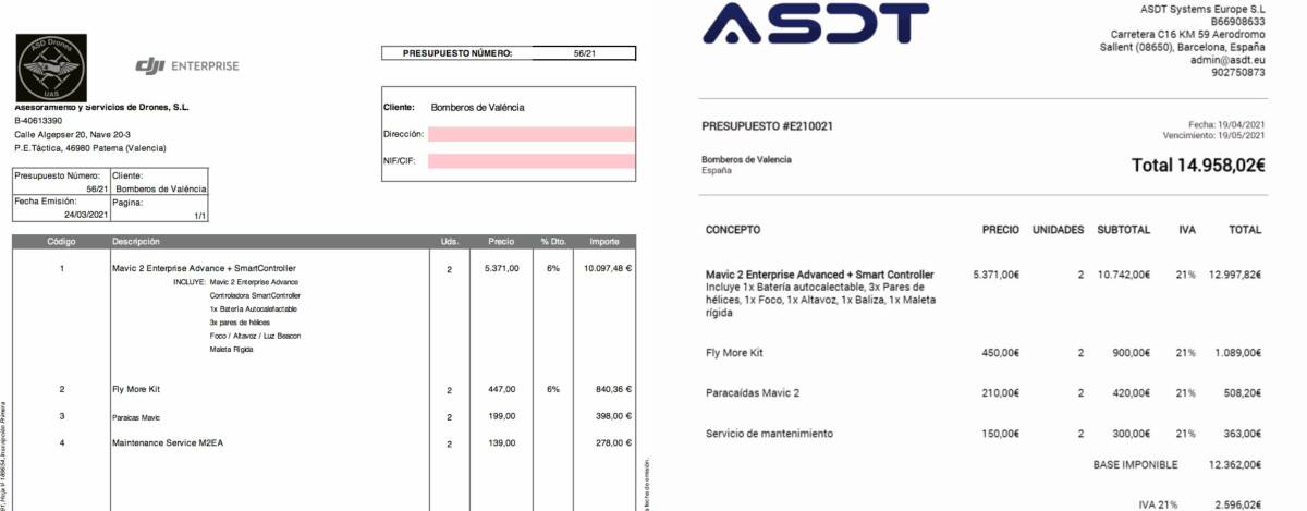 Extracto de los dos presupuestos estudiados: Asesoramiento de Drones (i) y ASDT (d). Fuente: Ayuntamiento de València