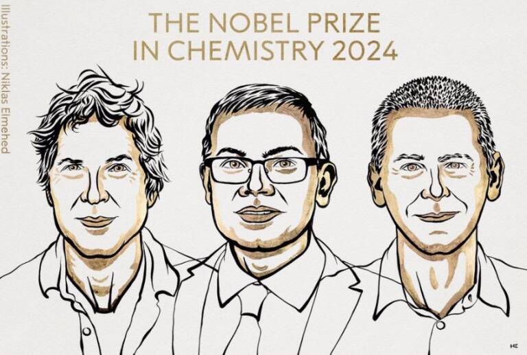  David Baker, Demis Hassabis y John Jumper. Ilustración: NIKLAS ELMEHED